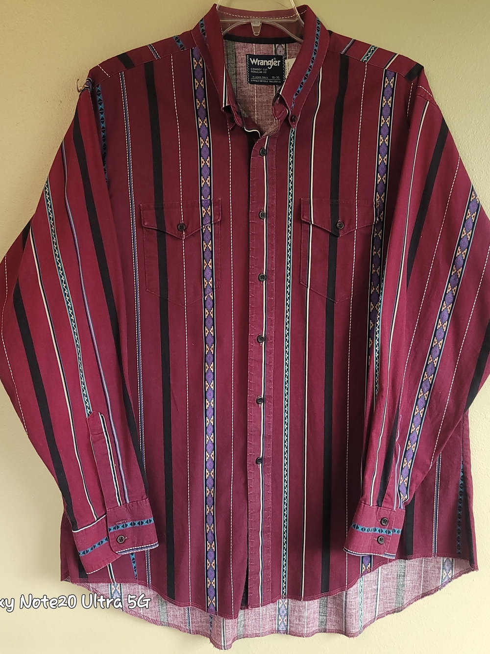 VTG 90s Wrangler Aztec Western Shirt Maroon 16x35 Made in USA